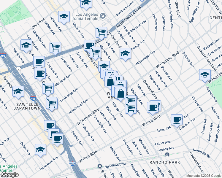 map of restaurants, bars, coffee shops, grocery stores, and more near 2139 Westwood Boulevard in Los Angeles