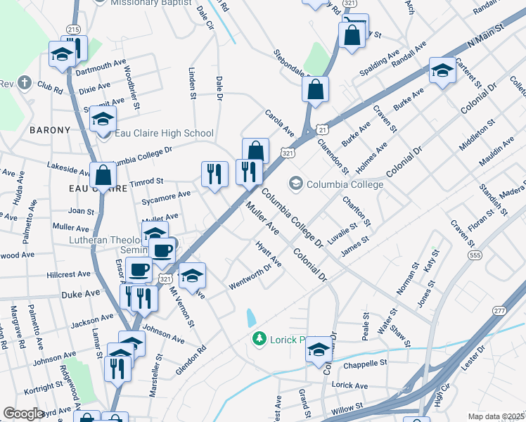 map of restaurants, bars, coffee shops, grocery stores, and more near 1217 Muller Avenue in Columbia