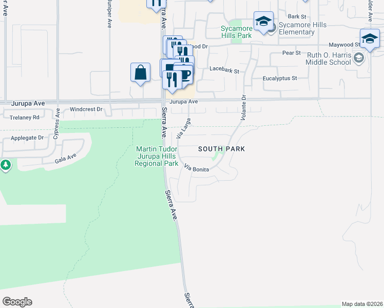 map of restaurants, bars, coffee shops, grocery stores, and more near 16998 Volante Drive in Fontana