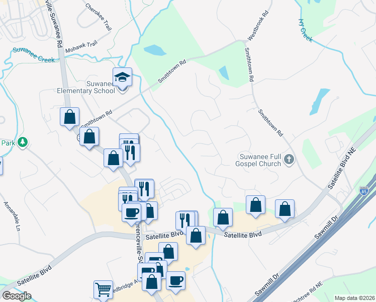 map of restaurants, bars, coffee shops, grocery stores, and more near 201 Avonlea Park Place Northeast in Suwanee