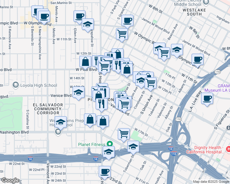 map of restaurants, bars, coffee shops, grocery stores, and more near 1400 Alvarado Terrace in Los Angeles