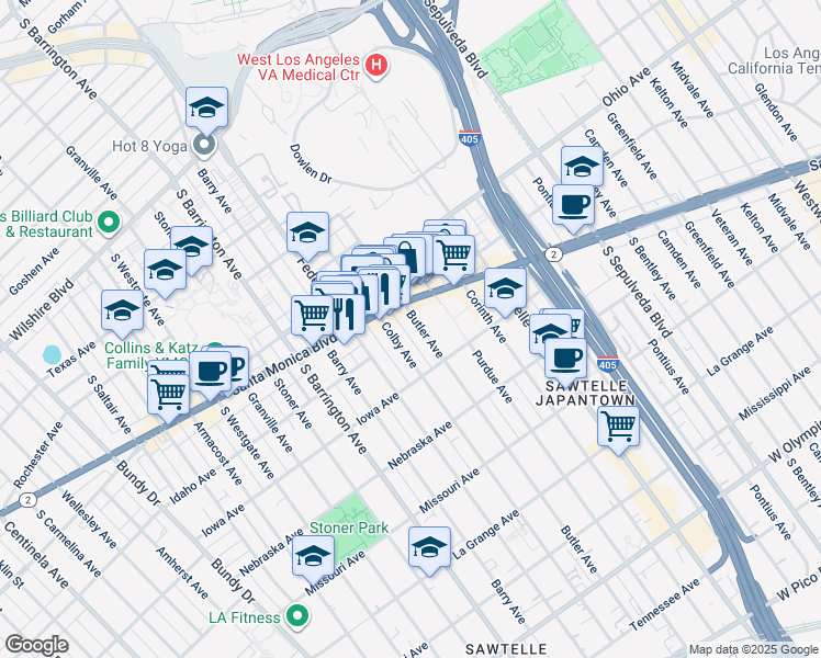 map of restaurants, bars, coffee shops, grocery stores, and more near 1652 Colby Avenue in Los Angeles