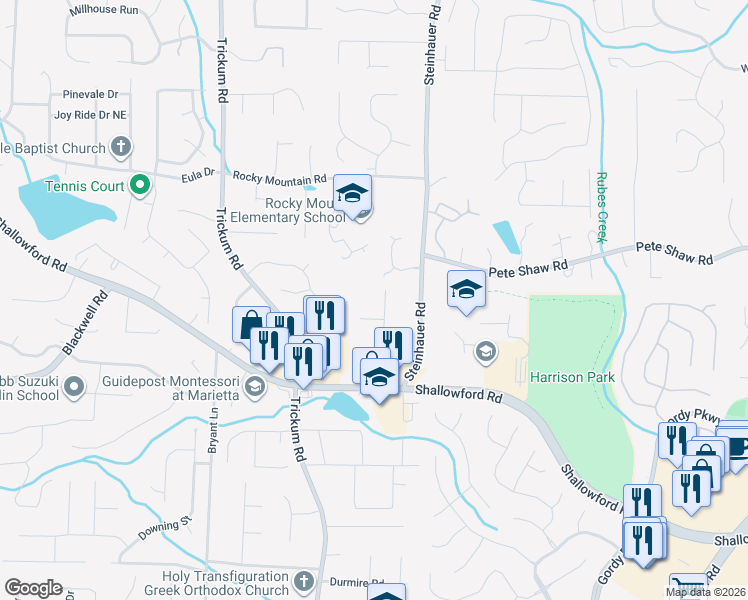 map of restaurants, bars, coffee shops, grocery stores, and more near 2509 Aged Stone Way in Marietta