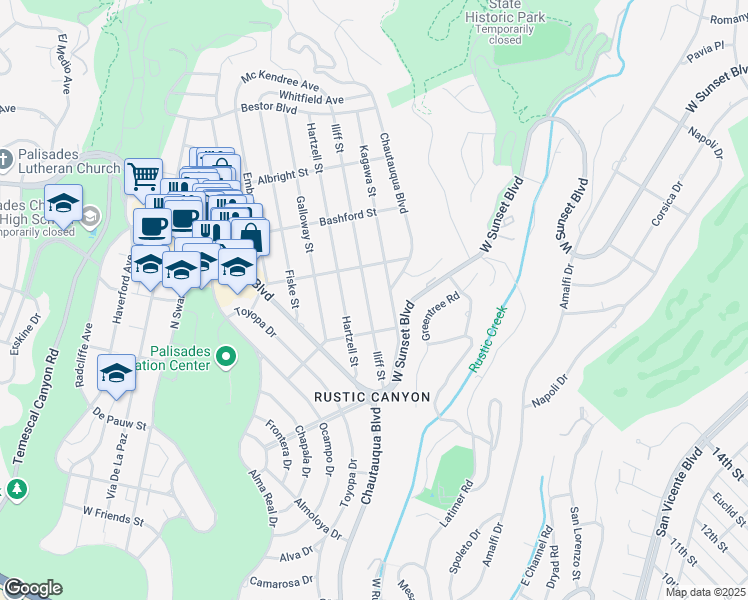 map of restaurants, bars, coffee shops, grocery stores, and more near 836 Iliff Street in Los Angeles