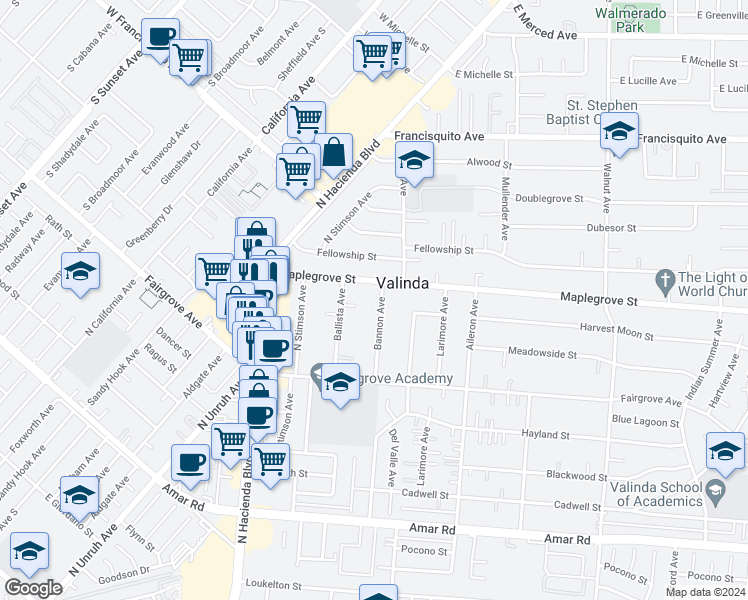 map of restaurants, bars, coffee shops, grocery stores, and more near 1341 Bannon Avenue in La Puente