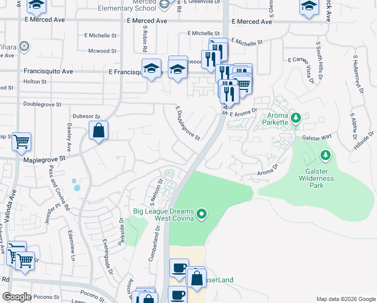 map of restaurants, bars, coffee shops, grocery stores, and more near 1726 East Autumn Drive in West Covina