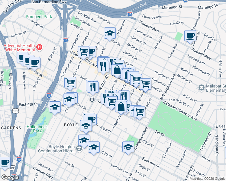 map of restaurants, bars, coffee shops, grocery stores, and more near 2511 Pennsylvania Avenue in Los Angeles