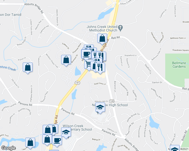 map of restaurants, bars, coffee shops, grocery stores, and more near 299 Gold Cove Lane in Johns Creek