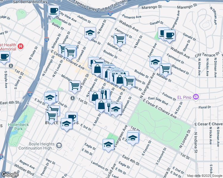 map of restaurants, bars, coffee shops, grocery stores, and more near 339 North Mott Street in Los Angeles