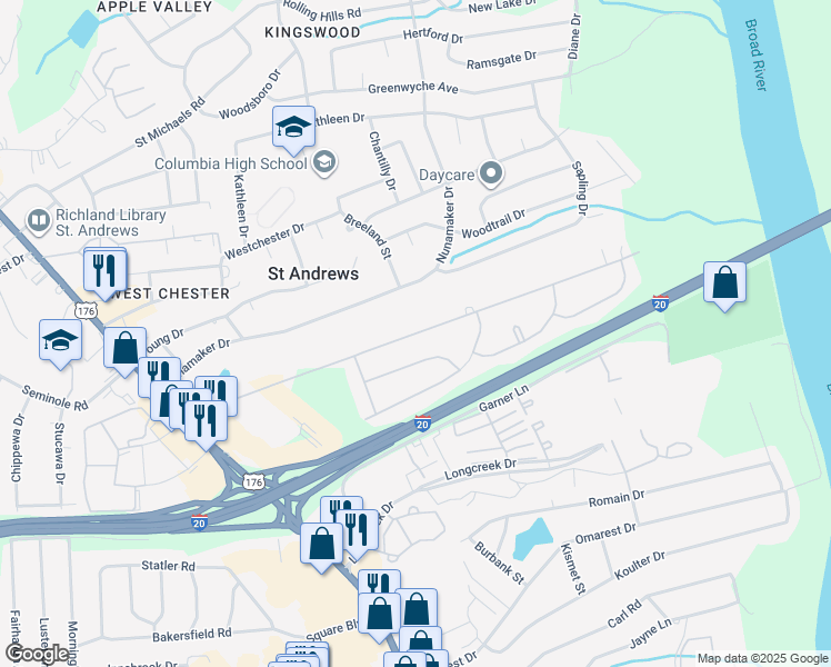 map of restaurants, bars, coffee shops, grocery stores, and more near 1701 Ripplerock Road in Columbia