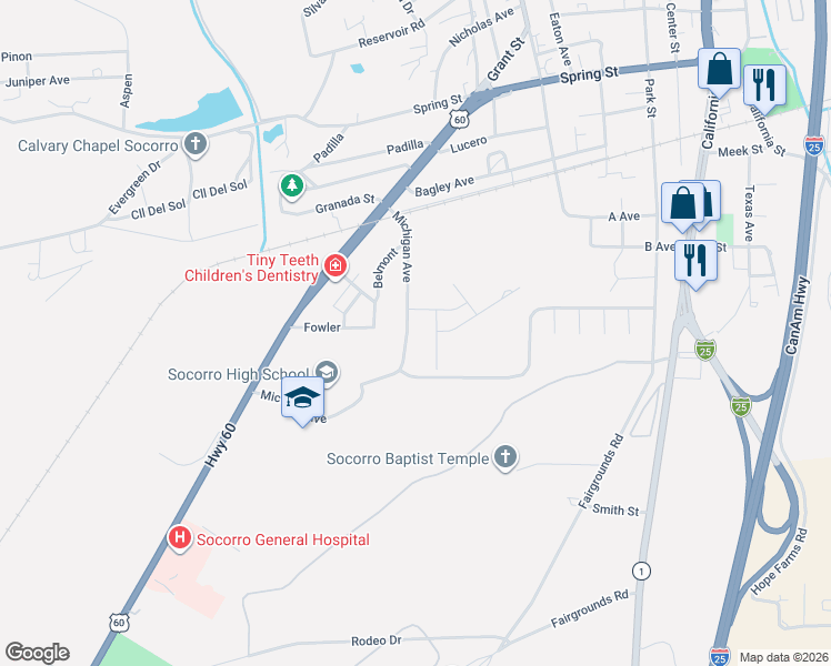 map of restaurants, bars, coffee shops, grocery stores, and more near 1104 Michigan Avenue in Socorro