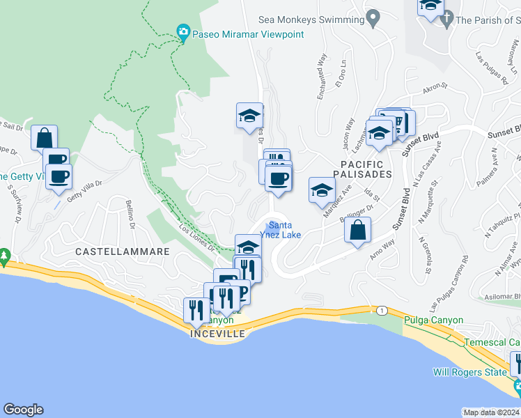 map of restaurants, bars, coffee shops, grocery stores, and more near 501 Palisades Drive in Los Angeles