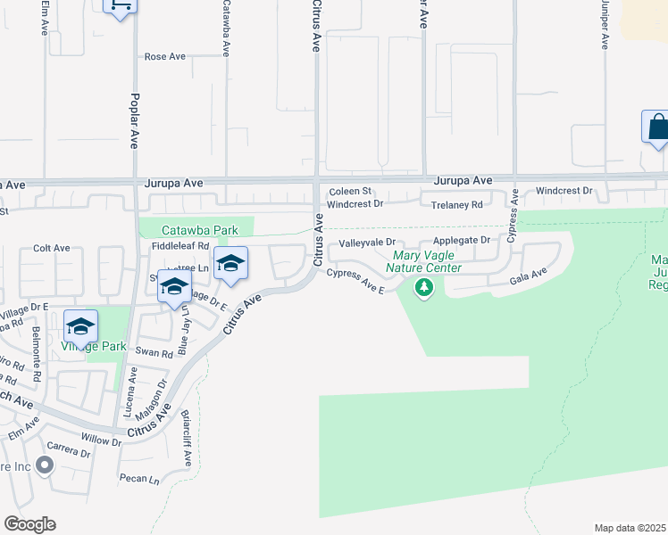 map of restaurants, bars, coffee shops, grocery stores, and more near 16127 Trailwinds Drive in Fontana