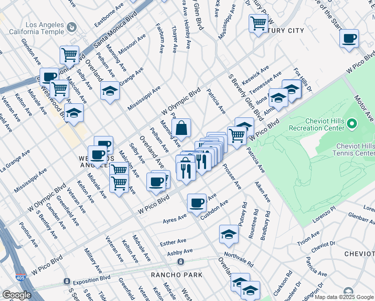 map of restaurants, bars, coffee shops, grocery stores, and more near 2310 Manning Avenue in Los Angeles
