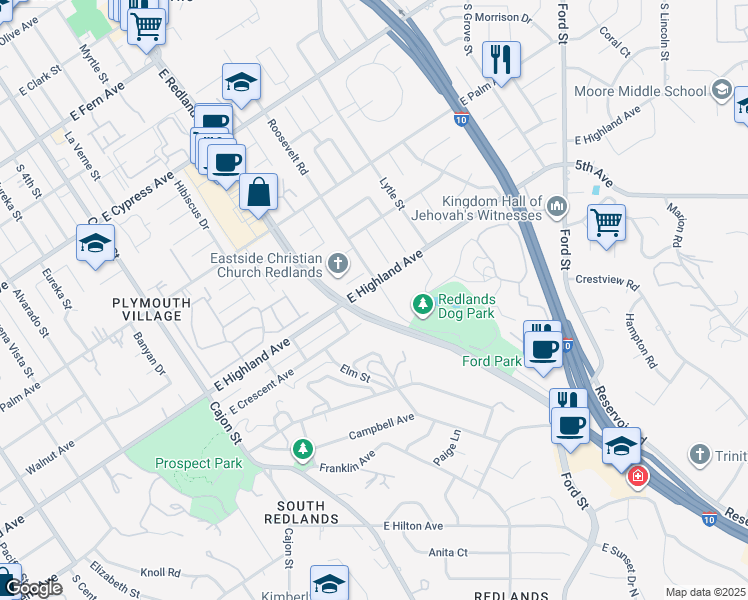 map of restaurants, bars, coffee shops, grocery stores, and more near 470 East Highland Avenue in Redlands