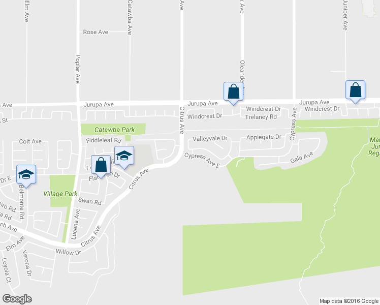 map of restaurants, bars, coffee shops, grocery stores, and more near 16127 Trailwinds Drive in Fontana
