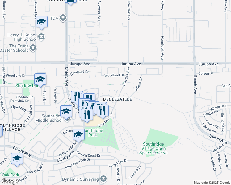 map of restaurants, bars, coffee shops, grocery stores, and more near 11518 Conifer Court in Fontana