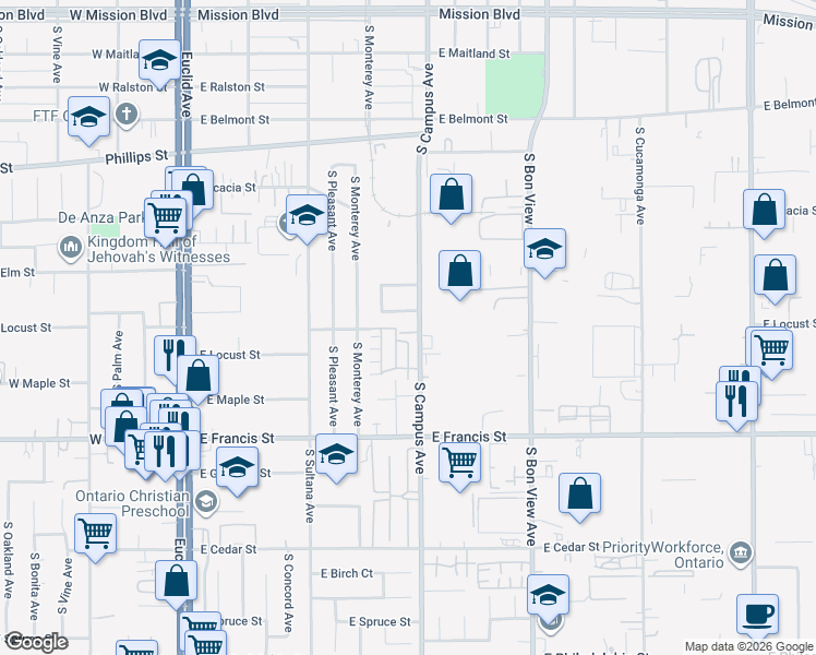 map of restaurants, bars, coffee shops, grocery stores, and more near 1614 South Campus Avenue in Ontario