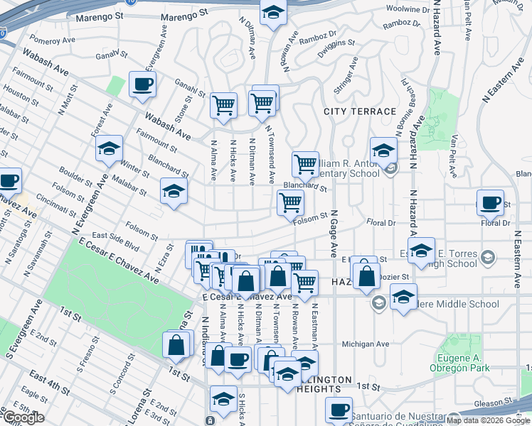 map of restaurants, bars, coffee shops, grocery stores, and more near 3441 Folsom Street in Los Angeles