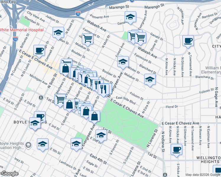 map of restaurants, bars, coffee shops, grocery stores, and more near 416 North Evergreen Avenue in Los Angeles