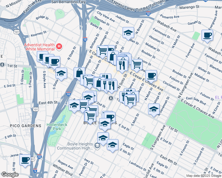 map of restaurants, bars, coffee shops, grocery stores, and more near 2311 East 1st Street in Los Angeles