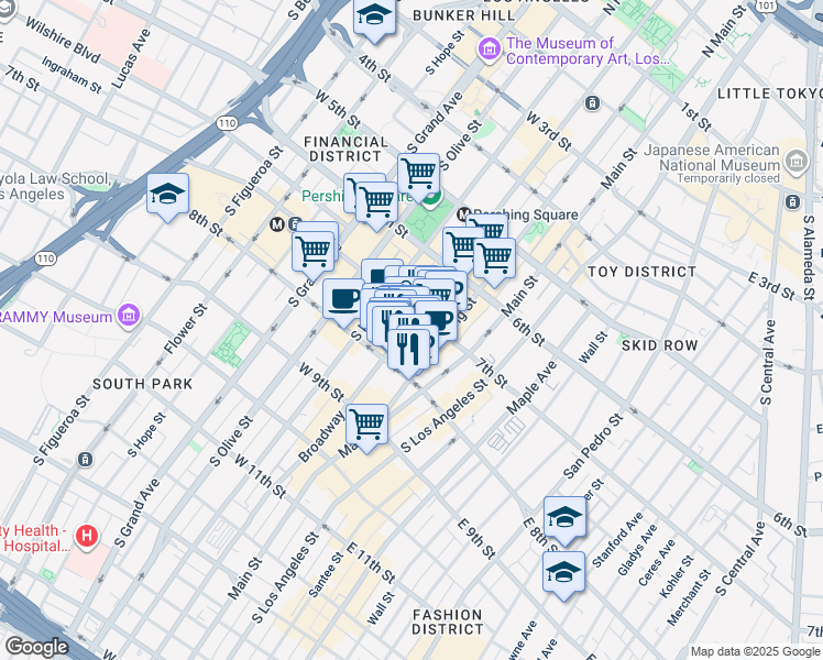 map of restaurants, bars, coffee shops, grocery stores, and more near 226 West 8th Street in Los Angeles