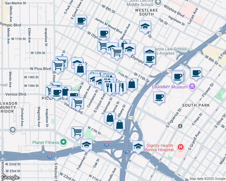 map of restaurants, bars, coffee shops, grocery stores, and more near 1558 West Pico Boulevard in Los Angeles