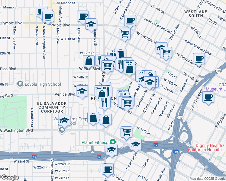 map of restaurants, bars, coffee shops, grocery stores, and more near 1433 Malvern Avenue in Los Angeles