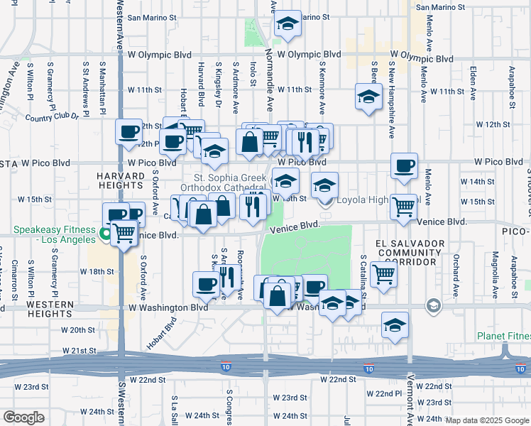 map of restaurants, bars, coffee shops, grocery stores, and more near 2013 Normandie Avenue in Los Angeles