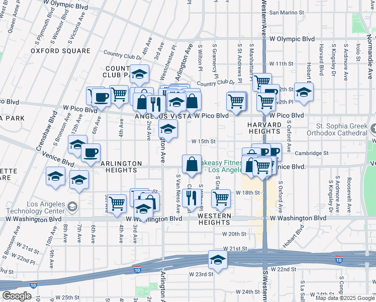 map of restaurants, bars, coffee shops, grocery stores, and more near 1550 1/2 South Van Ness Avenue in Los Angeles