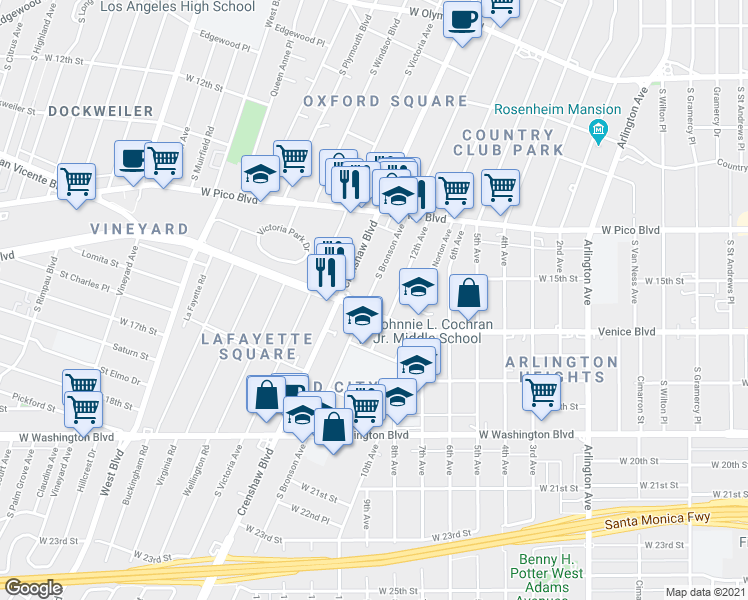 map of restaurants, bars, coffee shops, grocery stores, and more near 1608 South Bronson Avenue in Los Angeles