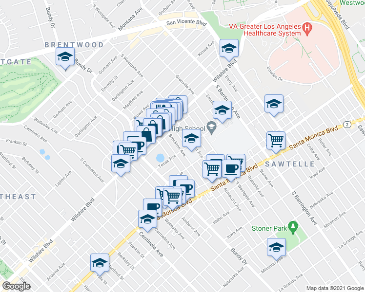 map of restaurants, bars, coffee shops, grocery stores, and more near 1301 Brockton Avenue in Los Angeles