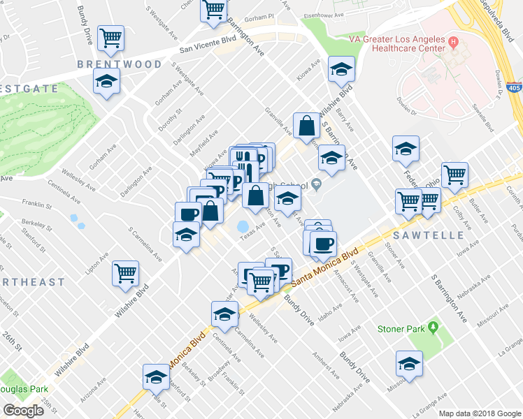 map of restaurants, bars, coffee shops, grocery stores, and more near 1301 Brockton Avenue in Los Angeles