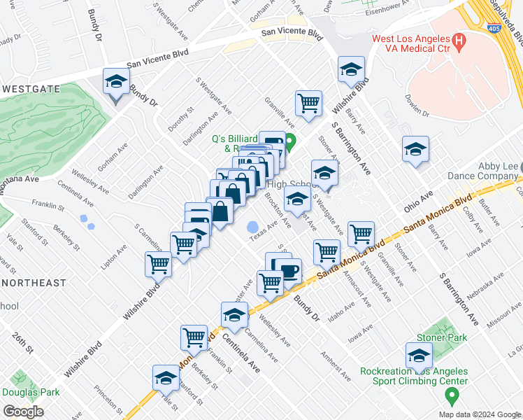 map of restaurants, bars, coffee shops, grocery stores, and more near 1228 South Bundy Drive in Los Angeles