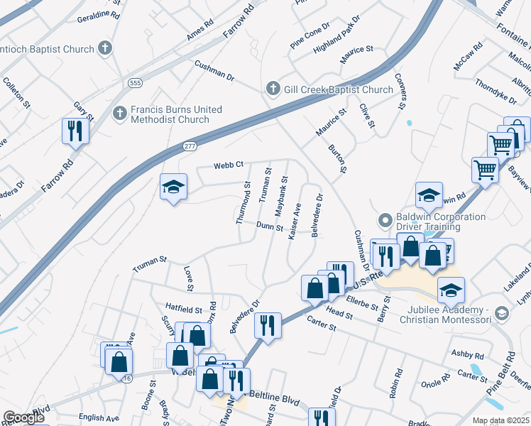 map of restaurants, bars, coffee shops, grocery stores, and more near 3602 Maybank Street in Columbia