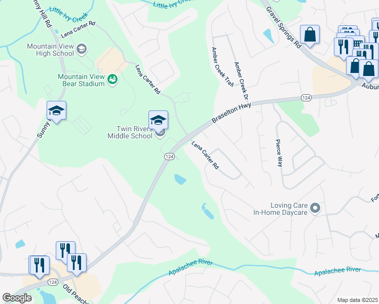map of restaurants, bars, coffee shops, grocery stores, and more near 2305 Braselton Highway in Buford