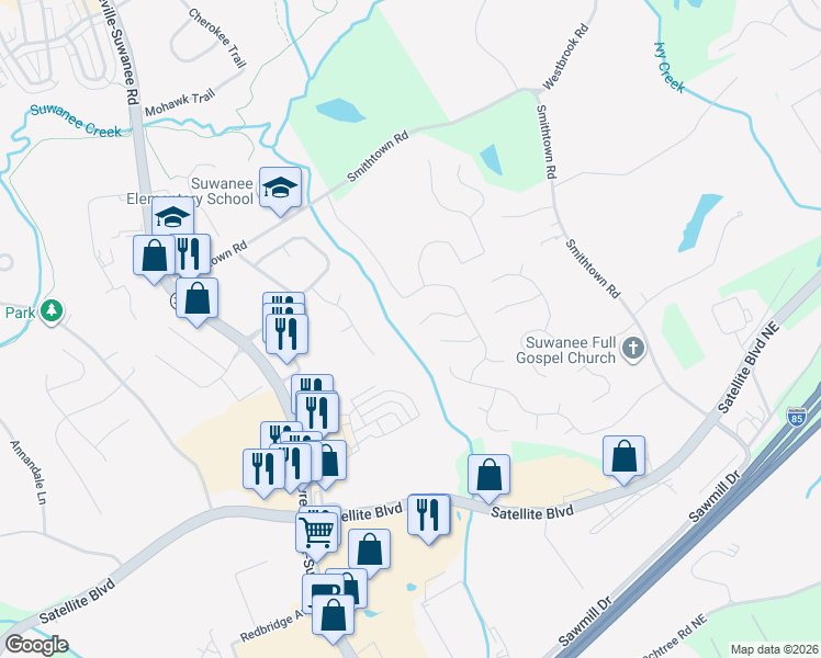 map of restaurants, bars, coffee shops, grocery stores, and more near 201 Avonlea Park Place Northeast in Suwanee
