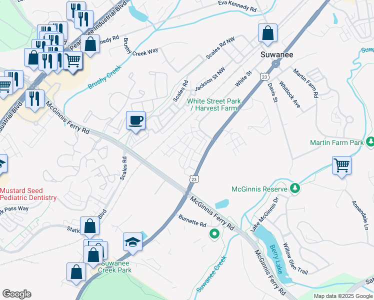 map of restaurants, bars, coffee shops, grocery stores, and more near 1343 Harvest Park Lane in Suwanee