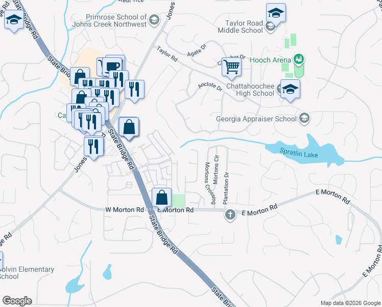 map of restaurants, bars, coffee shops, grocery stores, and more near 200 Morton Creek Circle in Alpharetta