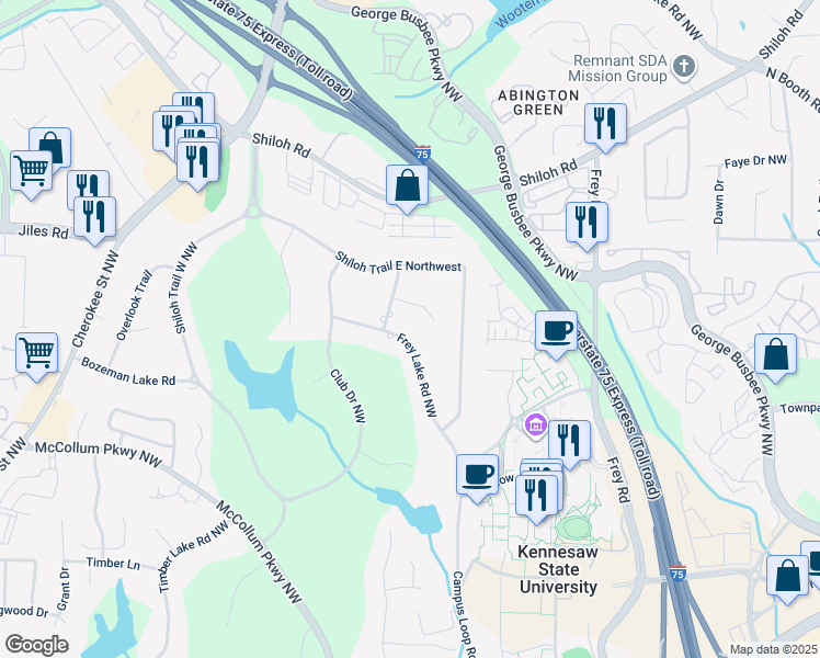 map of restaurants, bars, coffee shops, grocery stores, and more near 3716 Frey Lake Road Northwest in Kennesaw