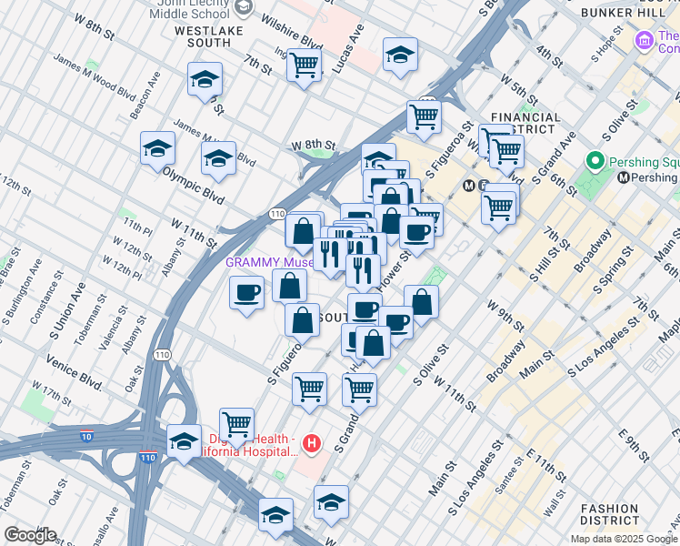map of restaurants, bars, coffee shops, grocery stores, and more near 1040 South Figueroa Street in Los Angeles