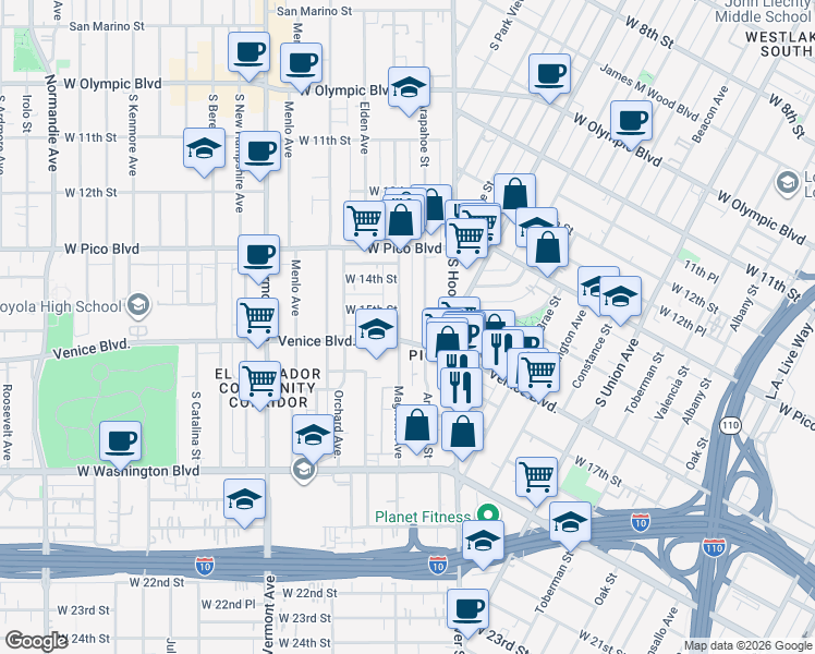 map of restaurants, bars, coffee shops, grocery stores, and more near 1415 Venice Boulevard in Los Angeles