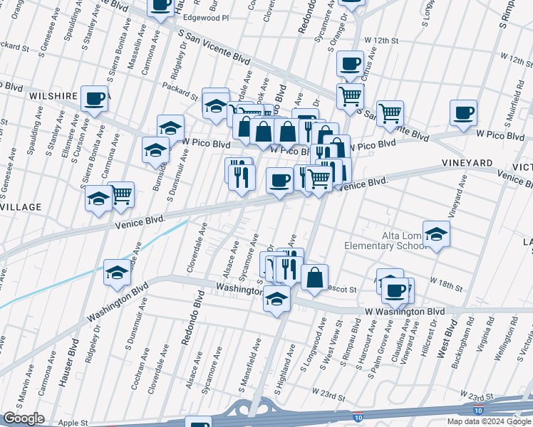 map of restaurants, bars, coffee shops, grocery stores, and more near 18541/2 South Sycamore Avenue in Los Angeles