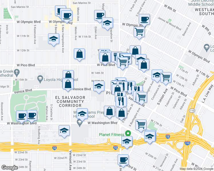 map of restaurants, bars, coffee shops, grocery stores, and more near 1518 Magnolia Avenue in Los Angeles