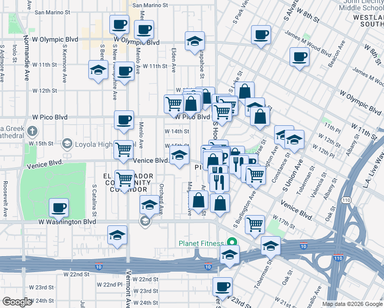 map of restaurants, bars, coffee shops, grocery stores, and more near 1518 Magnolia Avenue in Los Angeles