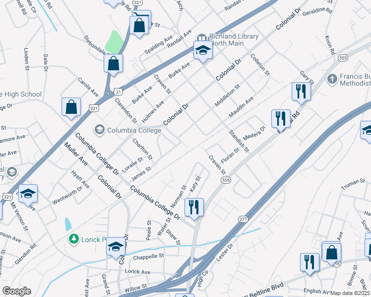 map of restaurants, bars, coffee shops, grocery stores, and more near 4938 James Street in Columbia