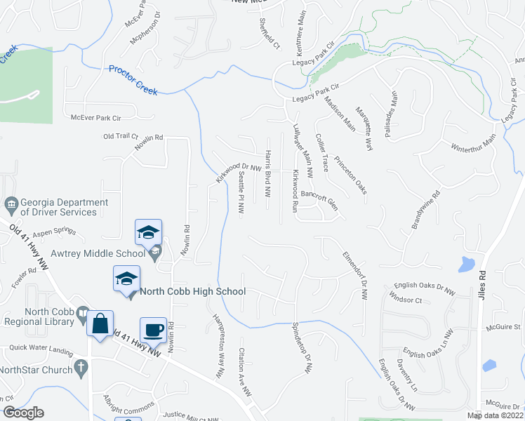 map of restaurants, bars, coffee shops, grocery stores, and more near 3775 Harris Boulevard Northwest in Kennesaw