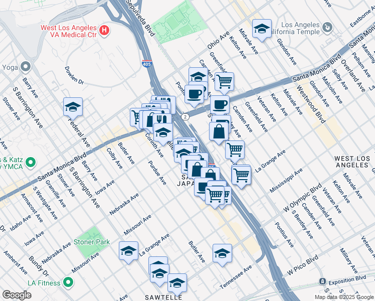 map of restaurants, bars, coffee shops, grocery stores, and more near 1800 Sawtelle Boulevard in Los Angeles