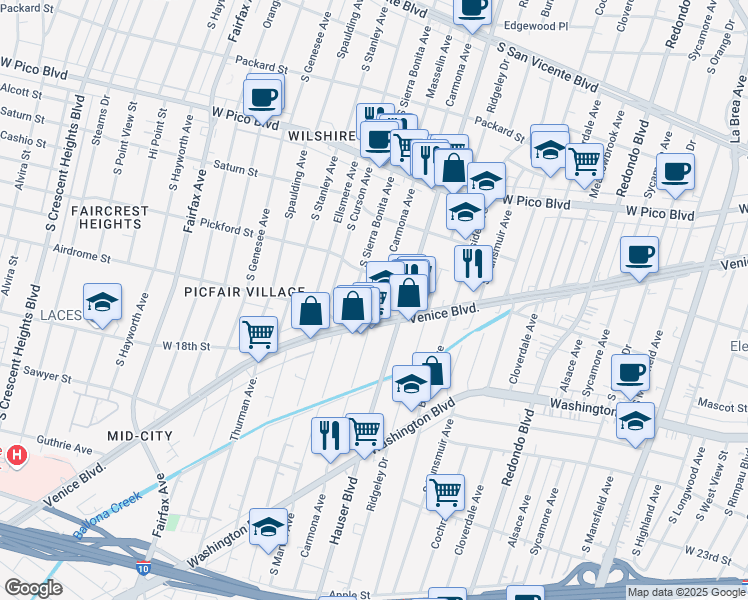 map of restaurants, bars, coffee shops, grocery stores, and more near 1637 Carmona Avenue in Los Angeles