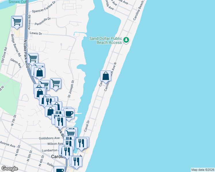 map of restaurants, bars, coffee shops, grocery stores, and more near 812 Carolina Beach Avenue North in Carolina Beach